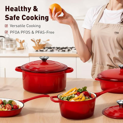 DishDelight Enameled Cast Iron Cookware Set, 7 Piece Induction Dutch Oven Set with Lid, Red Pots and Pans Set Nonstick, PFOA&PFAS Free