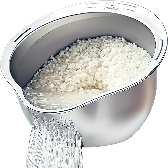 DOPMEP Rice Washer Strainer Bowl, Stainless Steel Colander with Side Drainers - Ideal for Soaking, Washing, Cleaning, and Rinsing Rice, Fruits, Vegetables & Beans, Versatile Kitchen Tool