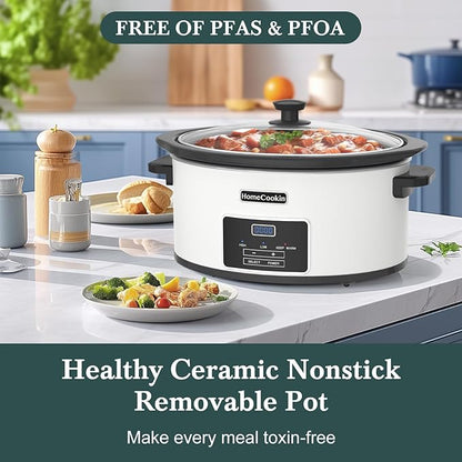 7-Quart Programmable Slow Cooker with Timer Keep Warm - Small Kitchen Appliance for Family Dinners - Serves 6+ People - Heat Settings: Keep Warm(White, Black Liner)