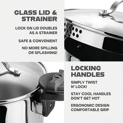 GOTHAM STEEL 8 Qt Stainless Steel Stock Pot Multipurpose Pasta Pot with Strainer Lid & Twist and Lock Handles, for Soup, Spaghetti, Rice, Induction Ready, Dishwasher Safe