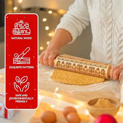 Stocking Stuffers Gifts for Women, Wooden Embossed Rolling Pin for Baking, Deep Engraved Embossing Rolling Pins with Christmas Elk Deer Pattern Designs for Baking Cookies Stamps Roller, DIY Tools