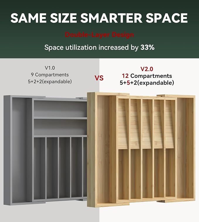 Expandable Silverware Drawer Organizer for Utensil,Bamboo 12 Slot | 13"-20"W x16.7"D x 1.97“H, Vertical Storage,Kitchen Cutlery Tray Dividers for Spoons Forks Knives