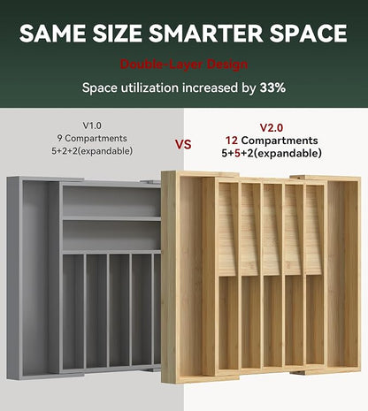 Expandable Silverware Drawer Organizer for Utensil,Bamboo 12 Slot | 13"-20"W x16.7"D x 1.97“H, Vertical Storage,Kitchen Cutlery Tray Dividers for Spoons Forks Knives