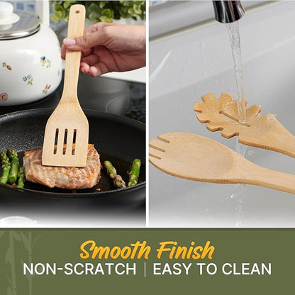 Wooden Utensil Set, Bamboo Utensils – 7 PCs Wood Spoons for Cooking, Easy to Clean, Sturdy, Lightweight & Heat Resistant
