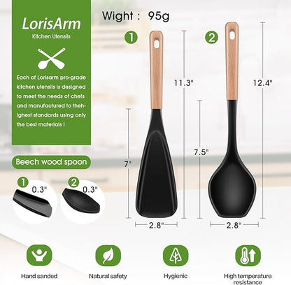 LorisArm Large Cooking Spoons. 12.5" Heat Resistant Silicone Serving Spoon, Nonstick Kitchen Utensils Wooden Handle Rubber Spoon for Mixing, Stiring,Baking,Scooping and Scraping.
