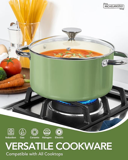 MICHELANGELO Pots and Pans Set Non Stick 8 Piece Ceramic Cookware Set Green | PFAS-Free Green Ceramic Nonstick Cookware Set for Eggs, Fish, Vegetables, Low-Oil Cooking and Induction Stoves, Easy Cleanup