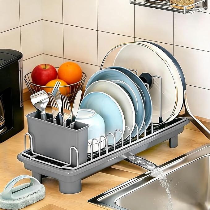 Compact Dish Drying Rack for Countertop, Small-Sized for Dorms, RVs & Tiny Kitchens, Auto-Drain, Adjustable Slots, Rust-Resistant with Utensil Caddy & Sponge Holder (G er y)