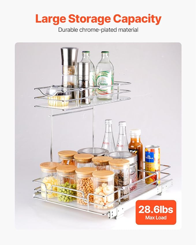 VEVOR 2 Tier Pull Out Cabinet Organizer, 12"W x 17"D Slide Out Pantry Shelves, Sliding Drawer Storage, Chrome-Plated Steel Heavy Duty Roll-out Drawers, for Inside Kitchen Cabinet, Bathroom, Under Sink