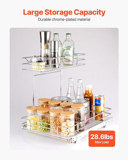 VEVOR 2 Tier Pull Out Cabinet Organizer, 12"W x 17"D Slide Out Pantry Shelves, Sliding Drawer Storage, Chrome-Plated Steel Heavy Duty Roll-out Drawers, for Inside Kitchen Cabinet, Bathroom, Under Sink