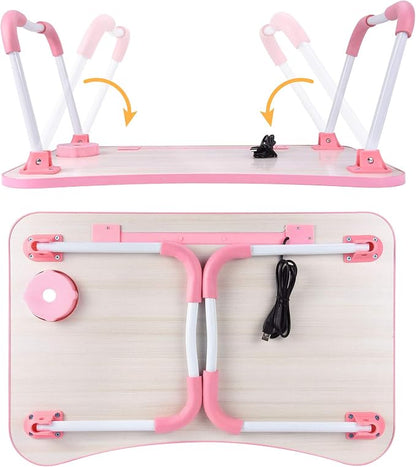 Slendor Lap Desk with Cup Holder, Foldable Laptop Table for Bed, Portable Bed Desk for Laptop and Writing, Computer Tray with Tablet Slot, Notebook Stand Reading Holder for Couch Sofa Floor,Pink