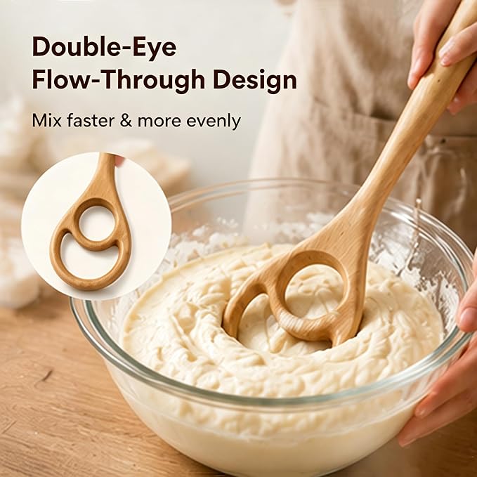 Wooden Danish Dough Whisk Set, 12.6” Seamless Dough Whisk for Sourdough Bread, Wood Mixing Tools for Non-Stick Cookware, Dutch French Whisks for Cooking, Mixing Batter, Crème, Sauce & Egg