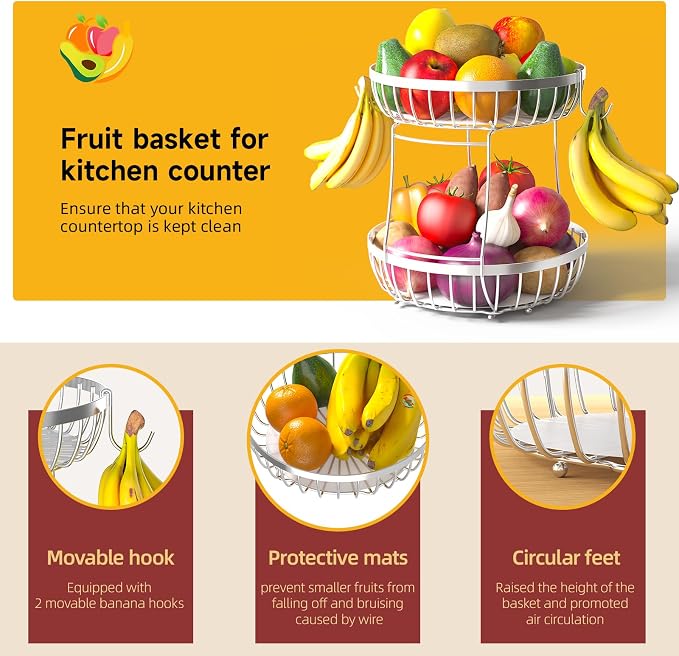 Sevenblue 2 Tier Fruit Basket for Kitchen Counter with 2 Banana Hangers, Metal Stackable Fruit Bowl for Kitchen Counter for Bread Vegetable Fruits, Silvery