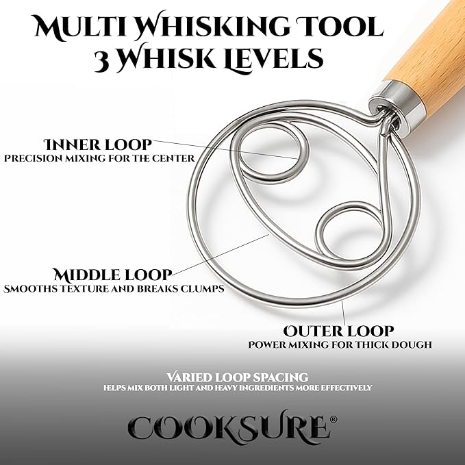 Danish Dough Whisk & Bread Lame Set for Sourdough Bread – Wooden Handle Dough Whisk Mixer and Bread Scoring Tool, Artisan Sourdough Baking Tools & Bread Baking Supplies