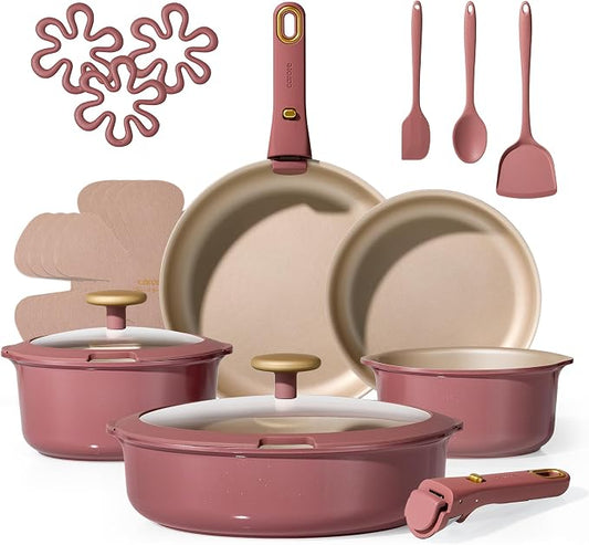 CAROTE Pots and Pans Set, Nonstick Cookware Sets with Detachable Handle, Oven Safe, Cookware Non Stick Cooking Set w/Frying Pans & Saucepans Red(PFOS, PFOA Free)