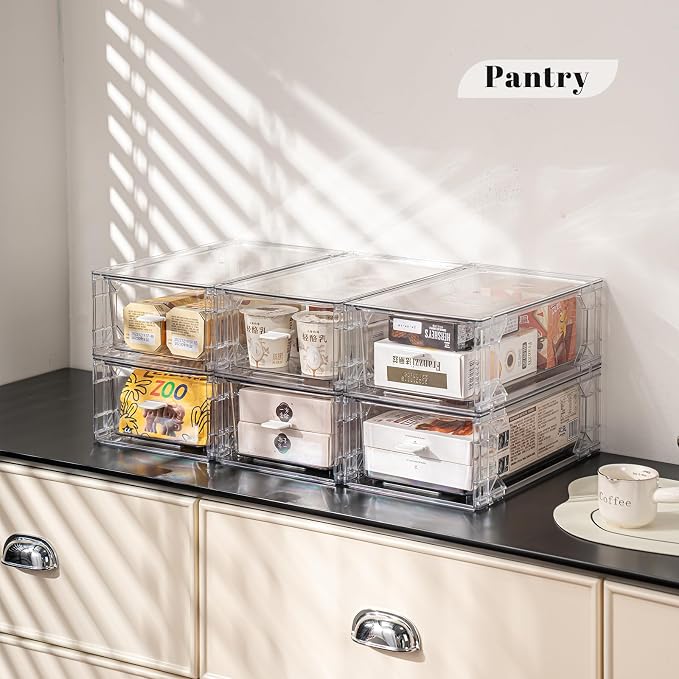 Clear Acrylic Stackable Storage Drawers, Plastic Refrigerator Organizer Bins with Handles for Undersink, Cabinet, Fridge, Closet, Pantry, Office, Bathroom, Kitchen(4 Pack)