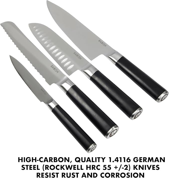 Babish 5-Piece Magnetic Forged Kitchen Knife Block Set – 1.4116 German Steel Cutlery with Magnetic Knife Holder – Professional Chef Knife Set