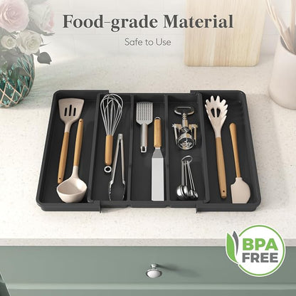 Lifewit Utensil Organizer, Adjustable Kitchen Drawer Organizer, Expandable Cooking Utensil and Cutlery Tray, Plastic Divider Holder Black 11.4-19.8" x 14.5"
