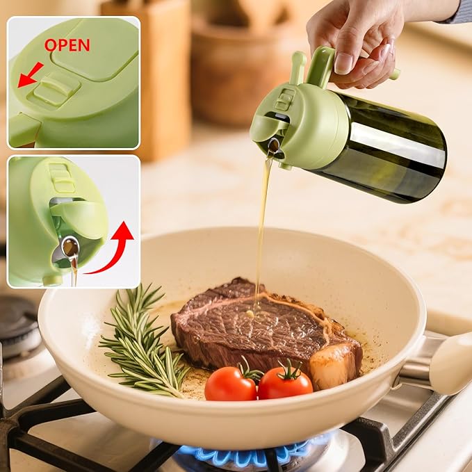 SWEET VIEW Olive Oil Dispenser and Oil Sprayer – 16oz/470ml Glass Light-Proof Oil Pourer for Kitchen Air Fryer, Cooking, Salad, and BBQ, with Stickers