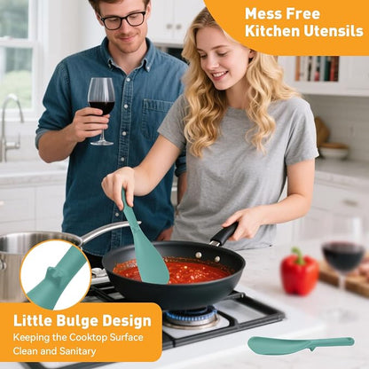 12.6" Extra Long Silicone Spatula Spoon for Nonstick Cookware, Seamless One-Piece Design Cooking Spoon with Built-in Tool Rest for Mixing, Scoop and Scrape, Dishwasher Safe, Black & Aqua Sky