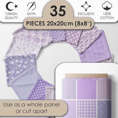 Cotton Satin Patchwork Fabric Panel – 35 Designs, 20×20 cm Squares, Single Piece 150×110 cm, Lavender Floral Quilt Fabric (Lavender Dreams Patchwork Set, 35pcs 8x8 inch)