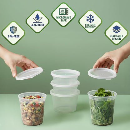 JoyServe 48 Sets Deli Containers with Lids – 8oz, 16oz & 32oz – Leak Proof, Microwaveable, Dishwasher & Freezer Safe – Plastic Food Storage & Soup Containers