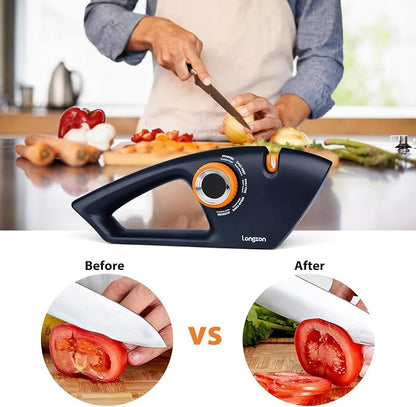 Longzon 6-in-1 Knife Sharpener 5 Stage with Cut-Resistant Glove, Manual Kitchen Tool for Straight & Serrated Knives, Quickly Sharpens Restores & Polishes Dull Blades Safe for Home Kitchen, Navy+Orange