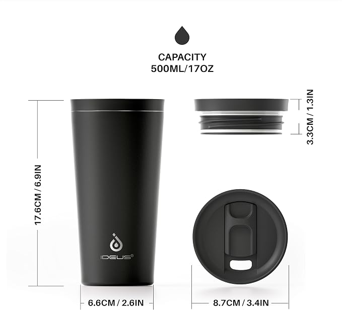 Ideus 17 oz Travel Coffee Mug, Double Wall Vacuum Stainless Steel Insulated Coffee Tumbler With Lid, Splash-Proof & Cup Holder Friendly, Keeps Drinks Hot/Cold, Dishwasher Safe, Black