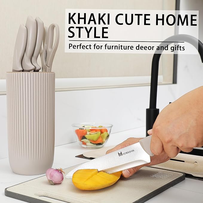 Knife Set, Howashin 6-Piece Khaki Professional Stainless Steel Knives for Kitchen with Universal Knife Block - Non-Stick Sharp Blade Chef Knife Set with Cylindrical Knife Block for Gift.