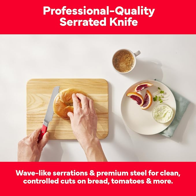 Misen Serrated Bread Knife - High-Carbon Japanese AUS8 Steel - Perfect for Soft Foods, Bread, Pastries, and Fruits - Verstatile Slicer, Razor-Sharp Edge, Durable Blade, Ergonomic Handle - 5", Red