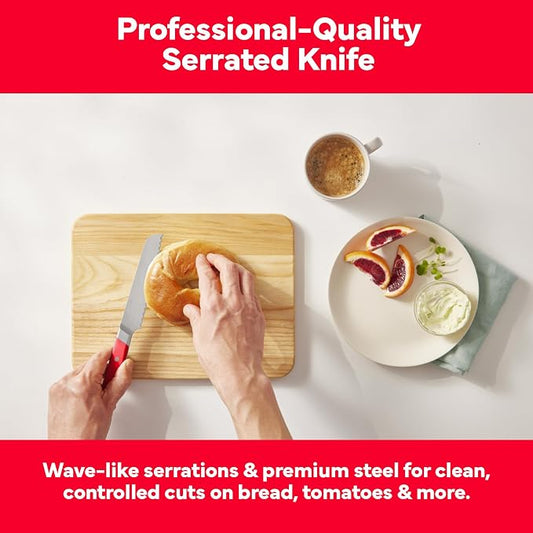 Misen Serrated Bread Knife - High-Carbon Japanese AUS8 Steel - Perfect for Soft Foods, Bread, Pastries, and Fruits - Verstatile Slicer, Razor-Sharp Edge, Durable Blade, Ergonomic Handle - 5", Red