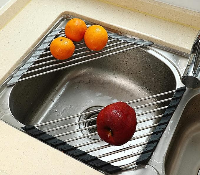 Roll Up Dish Drying Rack and Triangle for Sink,over the Sink , Kitchen Corner Drainer Mat, Foldable Stainless Steel (Triangle) Silver
