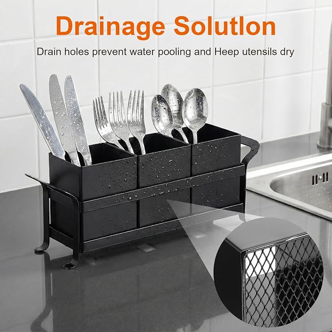 Cutlery Holder, Silverware Caddy Organizer Bin Holder - 3 Compartment Metal Utensil Tray with Drain Holes & Handle for Kitchen Countertop, Dining Table, Parties - Black