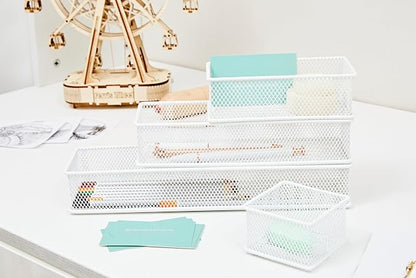Annova Mesh Stackable Drawer Cabinet and Shelf Organizer Bins Storage Basket School Office Supply Holder Tray- Set of 2 (White, 3x9x2 Inch)