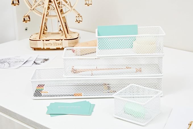 Annova Mesh Stackable Drawer Cabinet and Shelf Organizer Bins Storage Basket School Office Supply Holder Tray- Set of 2 (White, 3x12x2 Inch)