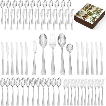 KINGSTONE Silverware Set, 65-Piece Flatware Set for 12, 18/10 Stainless Steel Cutlery Set with Bead Edge, Utensil for Kitchen, Home, Party, Wedding, Matte Silver, Dishwasher Safe, Featured Gifts