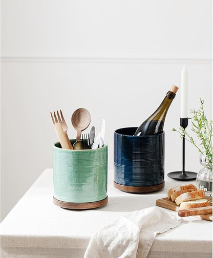 Utensil Holder, 360° Rotating Extra Large Ceramic Kitchen Utensil Holder for Countertop, 7.3“ Cooking Utensil Crocks for Kitchen Counter with Rotatable Wooden Base, Farmhouse Decor, Dark Blue