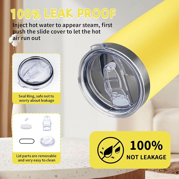 20 oz Tumbler with Lids and Straws, Stainless Steel Insulated Coffee Tumbler, Double Wall Vacuum Insulated Travel Mug Cup, Leakproof Thermal Coffee Cup for Hot and Cold Drinks (Yellow)