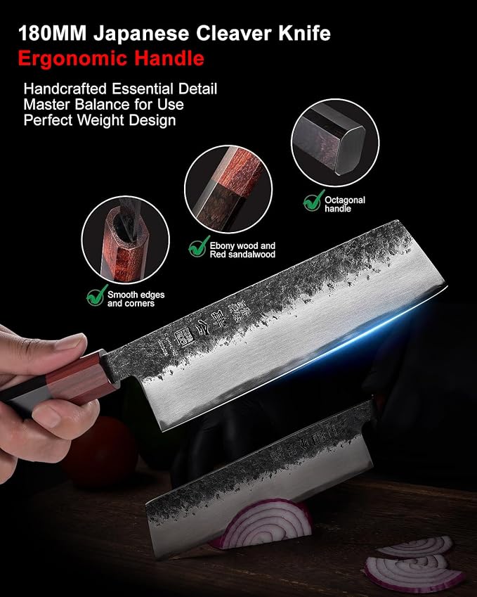 kanngou 7 inch Nakiri Knife Japanese Chef Knife, AUS-8 Alloy Steel Vegetable Japanese Cleaver with Red Sandalwood and Eboy Wood Handle, Chopping Knife with Premium Gift Box (WA Series)