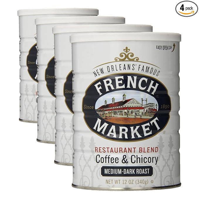 French Market Coffee & Chicory Restaurant Blend, Medium-Dark Roast Ground Coffee Metal Can, 12-Ounce (Pack of 4)