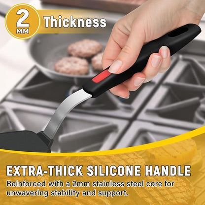 2Pack Flexible Silicone Spatula Turner, Heat Resistant Silicone Turner for Non-Stick Cookware, BPA-Free Kitchen Spatula Utensils, Ideal for Flipping Eggs, Burgers, Pancakes, Black