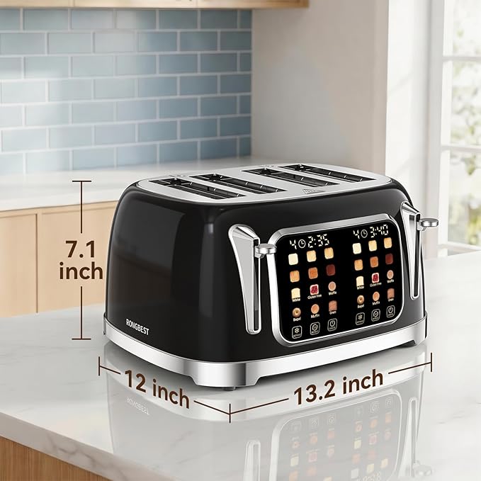 RONGBEST Retro Toaster 4 Slice with Stainless Steel Wide Slot Touch Screen for Family Breakfast, 6 Browning Levels for Bagel & Bread, Reheat & Defrost, Removable Crumb Tray, Jet Black