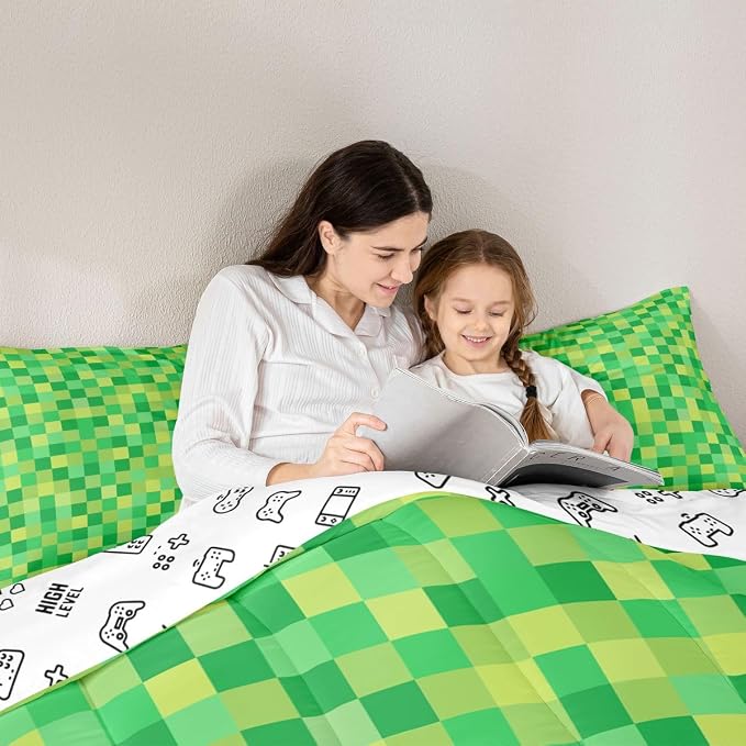Manfei Pixelated Grid Kids Comforter Toddler Size,Miners Lattice Games Quilt Set for Kids Boys Girls Bedroom Decor,Geometric Square Blocks Bedding Set,Green Duvet Insert,1 Pillowcase