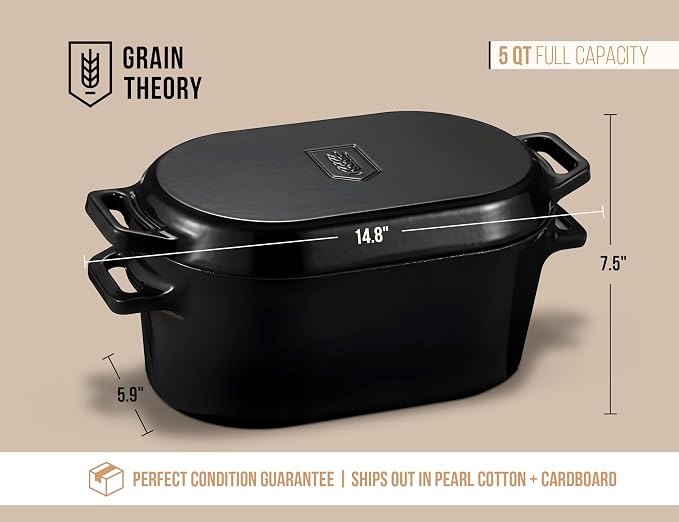 Kook Dutch Oven, For Sourdough Baking, Dual Handles, Enameled Cast Iron, includes Silicone Mat and Sourdough Guide, Dishwasher Safe, Oven safe 500F, 5 Qt, (Black)