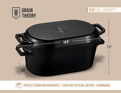 Kook Dutch Oven, For Sourdough Baking, Dual Handles, Enameled Cast Iron, includes Silicone Mat and Sourdough Guide, Dishwasher Safe, Oven safe 500F, 5 Qt, (Black)