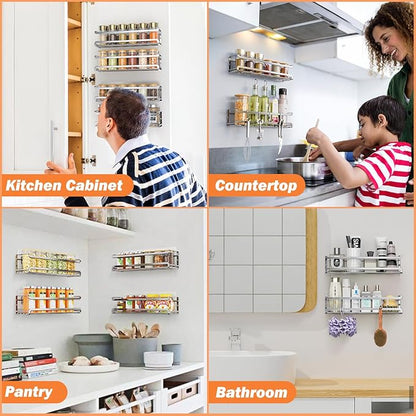 Bunoxea Spice Rack Wall Mounted 2 Pack, Silver,For Spice Jars & Seasonings | 2 Removalble Hooks,Screw or Adhesive Hanging, Space-Saving,For Kitchen Cabinet, Pantry Door,Stove,RV Use,11.41x2.75x2.75in