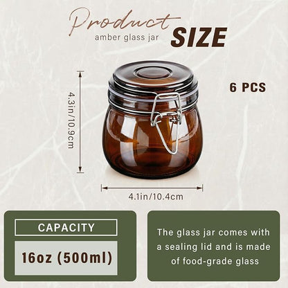 Norme 6 Pack 16oz Amber Airtight Glass Jars with Lids, Round Food Storage Container Airtight Food Wire Clip Fastening for Sauerkraut Flour Kitchen Sugar Cereal Kitchen Canning Pickling Mason Jars