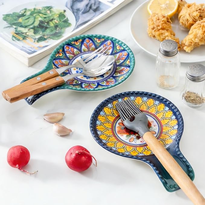 Spoon Rest for Stove Top 7.7 Inch Spoon Holder Ceramic Blue Kitchen Spoon Rest for Spatula, Tongs or Decorations, Bohemian Large Ladle Holder for Gift, Heat-Resistant,Dishwasher Safe