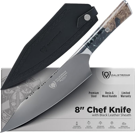 DALSTRONG Chef Knife - 8 inch - Valhalla Series - Ravenstone Black Blade Titanium Coated - Premium 9CR18MOV HC Steel - Resin & Wood Handle - Razor Sharp - Kitchen Cooking Chef's Knife - Leather Sheath