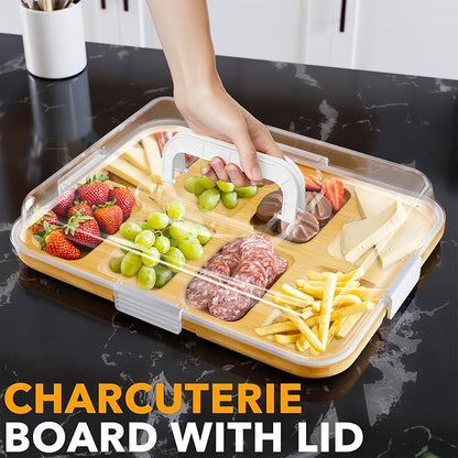 SpaceAid Charcuterie Board with Clear Lid, Portable Travel Cheese Cutting Boards for Picnic Accessories, Bamboo Serving Tray with Lids, House Warming Gifts, White Handles, 8 Compartments