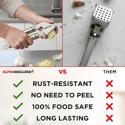 Alpha Grillers Garlic Press Stainless Steel - Easy to Clean, Rust-Proof, Dishwasher Safe - Stainless Steel Garlic Press, Mincer, Crusher with Silicone Peeler & Cleaning Brush